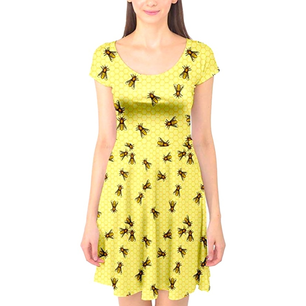 🐝CowCow Womens Bee Honeycombs Honey Insect Honeybee Cap Sleeve Dress Size Large